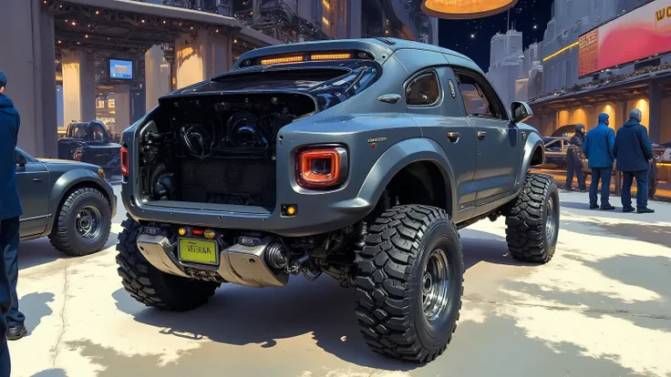 The vehicle in the image appears to be a striking concept or custom model from Tesla, likely designed for off-road capabilities given its rugged tires and aggressive styling. The bold back grille and prominent wheel arches enhance its robust appearance. Su...