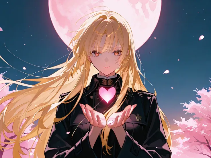 1girl,    Long-haired blonde   , long blond golden hair flutters in the wind,    brown eyes,     brown eyes , Samurai girl in a white and black coat, Holding the red and pink light of love, light in the palms, A pink glowing heart in the hands of a girl, G...