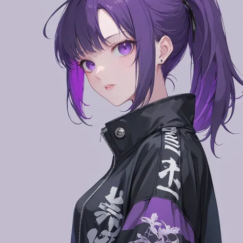 Asahina Mafuyu, black souvenir jacket, black coordinate, cool, ponytail, hair color purple, no background, yohjiyamamoto coordinate,