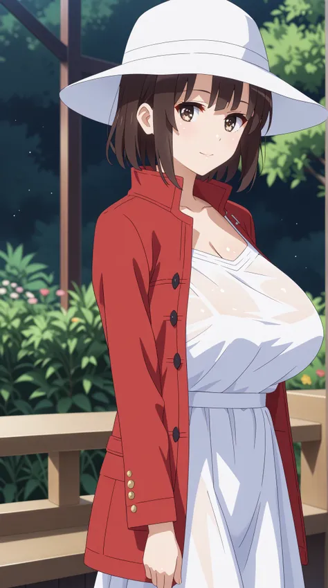 (UHD, retina, masterpiece, accurate, anatomically correct, super detail, high details,   highres, 1080P, 16k、high detail RAW color art:1.3)、 (megumi katou:1.3)、(short hair、brown hair, brown eyes:1.3)、(very gigantic breasts:1.5)、(shiny skin:1.3)、(jacket, lo...