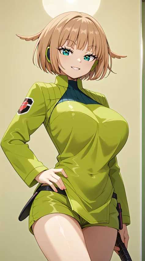 (UHD, retina, masterpiece, accurate, anatomically correct, super detail, high details,   highres, 1080P, 16k、high detail RAW color art:1.3)、(Kirie Konami ai:1.3)、(short hair、light brown hair、bangs、green　Eye  1.3)、(very gigantic breasts:1.3)、(shiny skin:1.3...