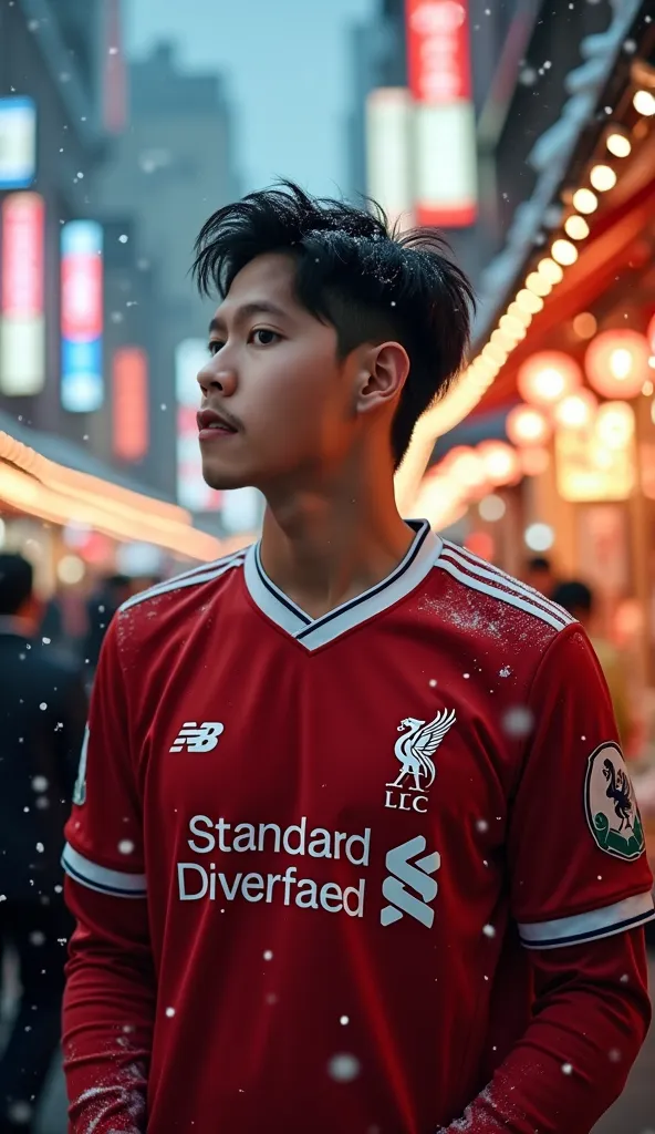 （masterpiece, best quality :1.2), winter,a handsome Korea man wearing Jersey Liverpool, [white breath] 、( Fantastic)Winter Festival 、 Snowflakes、❄️、cinematic lighting ,focus on her face,background Tokyo street,  fantastic