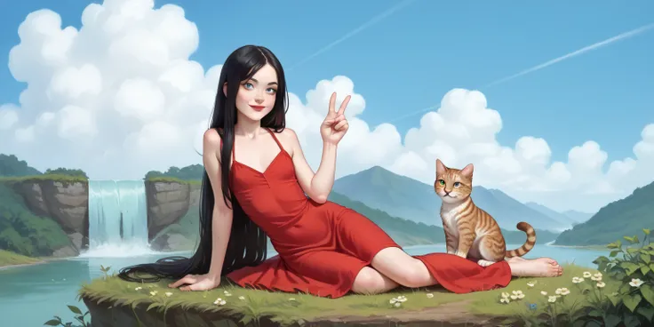 a age girl sitting next to a cat,  transparent red dress , V-neck, straight black hair,  Very long hair, freckles, detailed ribs,  flat breasted,  Medium and pointed breasts, full body, small bare feet, red lips, eyeliner,  smile, waterfall, clouds,  blue ...