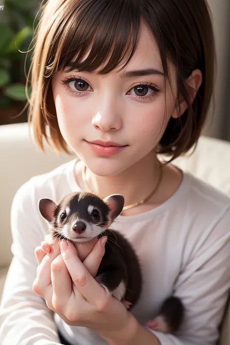  photorealistic, 34k, A small baby ferret sitting on a human finger