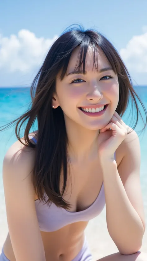 One beautiful and cute woman、Woman Sitting at the Beach、Jet Black Hair、very long hair、bangs、micro bikini、 Chest Valley、Upper breast、Between the breasts、 real 、 4K resolution、advanced details、realistic、HDR、UHD、Studio Lighting、Fine painting、sharp focus with ...