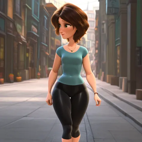 Sexy Aunt Cass walking down the street with super tight Capri leggings and compression t-shirt and big thighs and wide hips and tight waist 