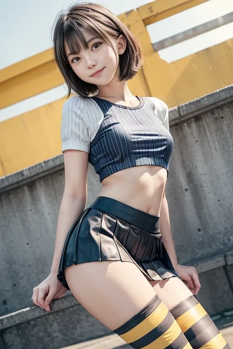  2 girls,    (white blouse)、(Pleated White Micro Mini Skirt Uniform),bangs,smile, (  thighs) , Video Viewer, (  low angle:1.2),( horizontal striped colored leggings under the skirt :1.3), ((yellow horizontal stripe leggings made of rubber)),(short knee-len...