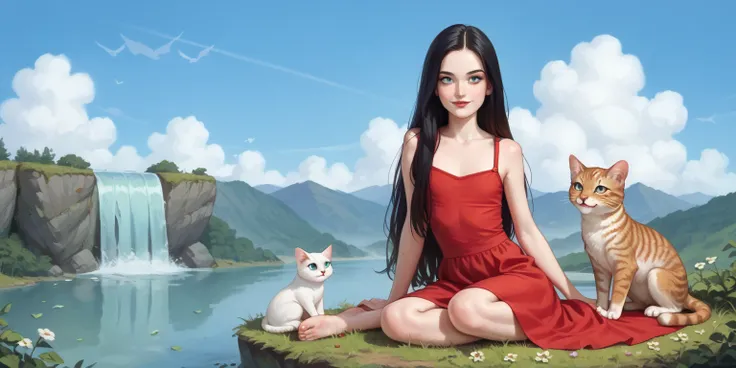 a age girl sitting next to a cat,  transparent red dress , V-neck, straight black hair,  Very long hair, freckles, detailed ribs,  flat breasted,  Medium and pointed breasts, full body, small bare feet, red lips, eyeliner,  smile, waterfall, clouds,  blue ...