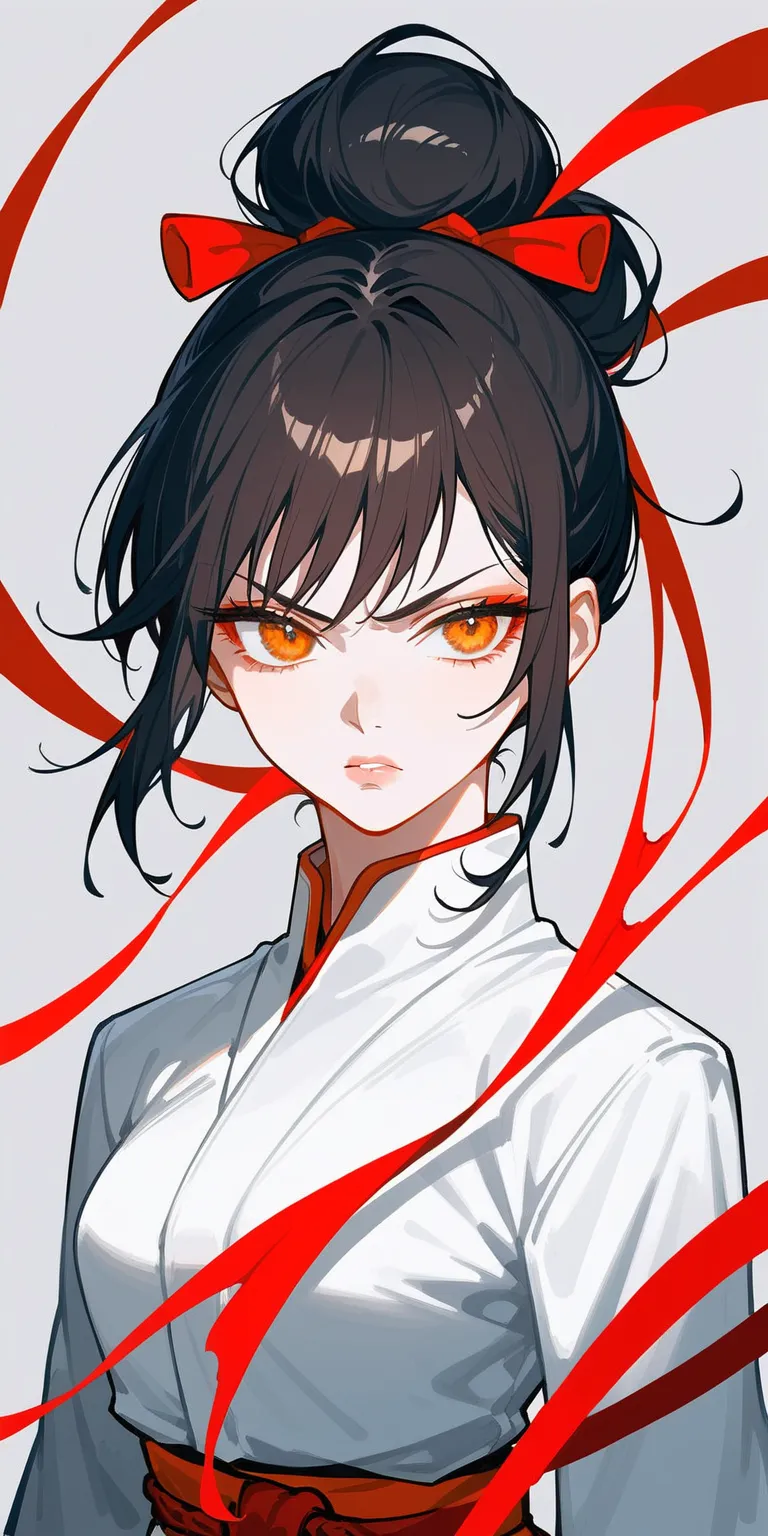 Artwork, , back view, adult female, single woman, chinese woman, alone, black hair, hair in updo, long red ribbon around the bun, short sharp bangs, brown and orange eyes, half-closed eye, lip gloss, full lips, angry lips, expressionless, white skin, mediu...