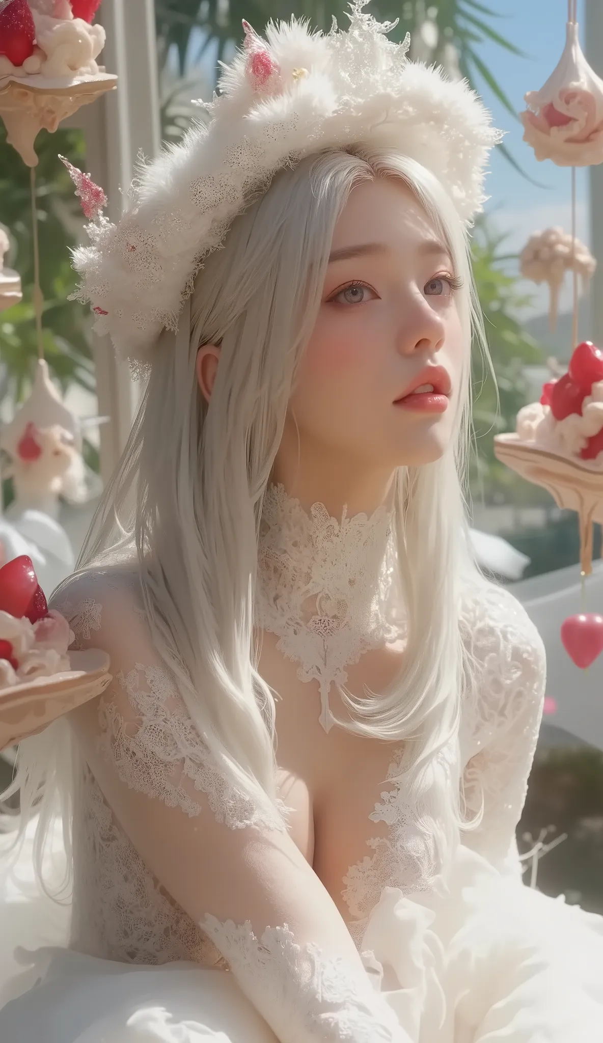 nsfw, Illustrioussciamano , masterpiece, 最high quality, high quality, absurdres BREAK
一つ, ( 1 female, nudity, nipples),  she wears white underwear , transparent white sleeves and very sexy white lace pants , Red flowers on her hair 、 ribbon earrings ,  lon...