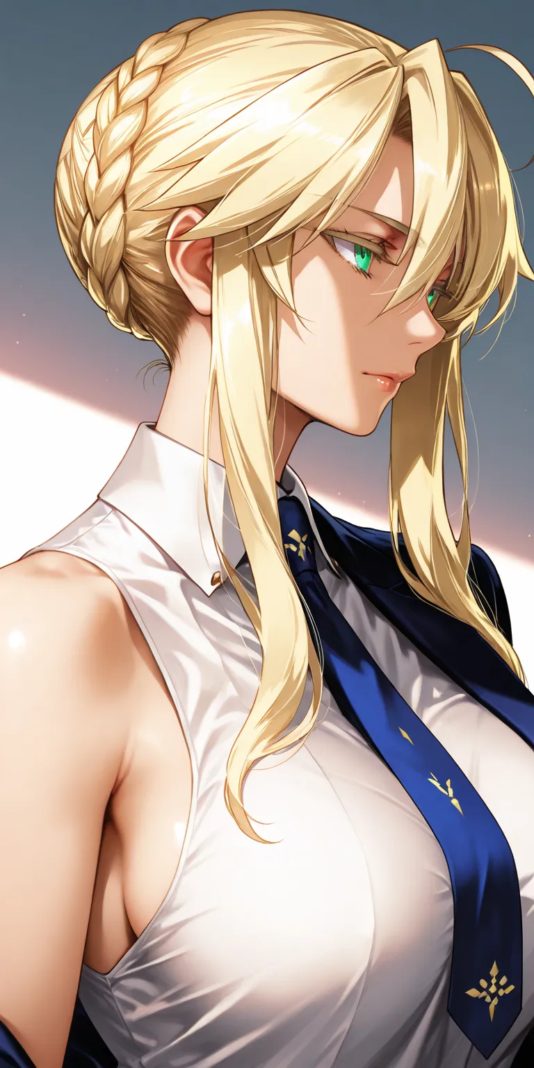 Masterpiece, very aesthetic, vibrant, high contrast, high resolution, ultra detailed, elegant mature woman, milf, artoria pendragon (lancer) (fate), curvaceous, upper body, tie, sleeveless collared shirt, jacket, side boobs, soft light, best quality, ishid...