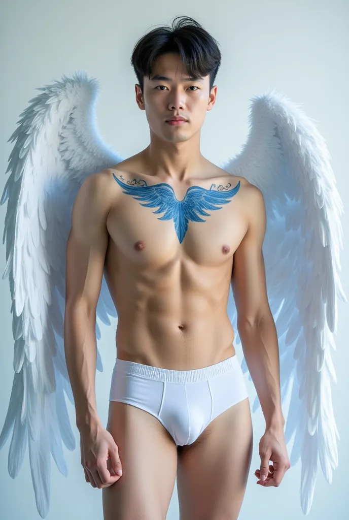  handsome man,without a beard,looking like a muscular Korean ,with angel wings in white underwear ,And bright blue tattoo 