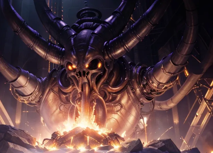 An alien demon elder one, Cthulhu, a metal and steel version of Cthulhu with cables and glowing lights, enormous head rising from the Temple of R'yleh, a masterpiece, best quality, (extremely detailed CG unity 8k wallpaper), (best quality), (best illustrat...