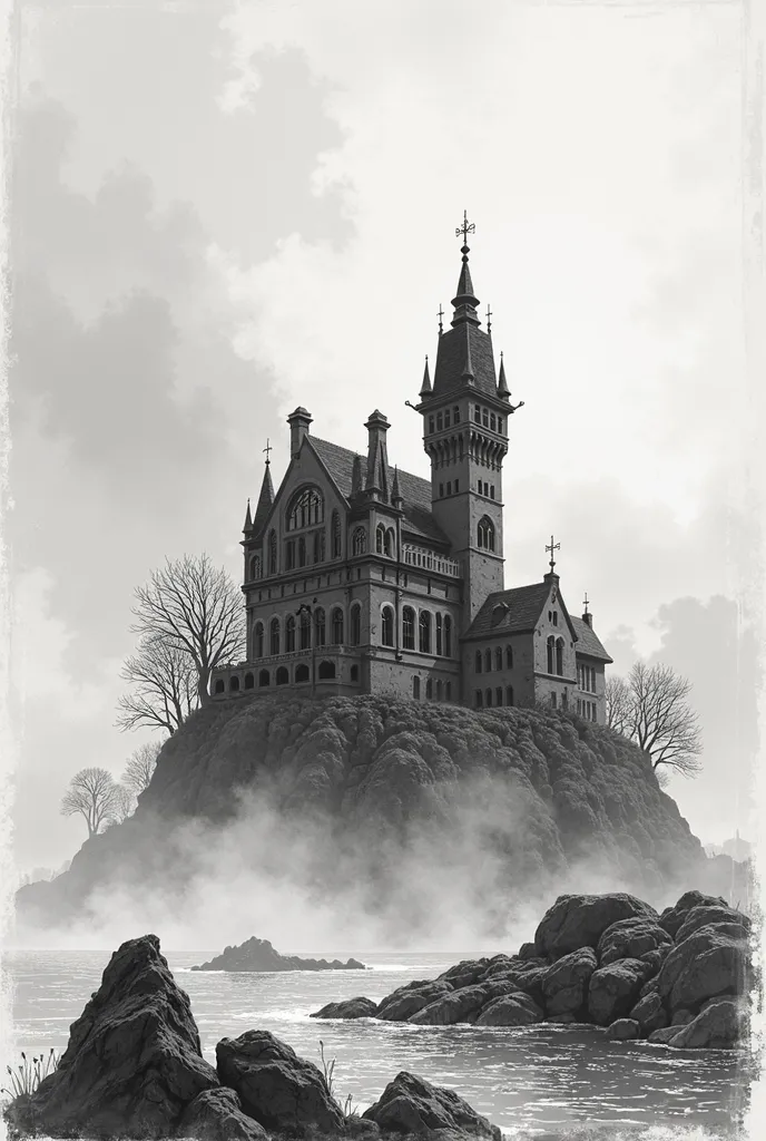 A detailed hand-drawn black and white illustration made in a basic way of draw and dotted style of drawing and not realistic of a gothic mansion covered in fog, situated on a large, isolated island. The drawing is in the style of 1940s and 1950s comic book...