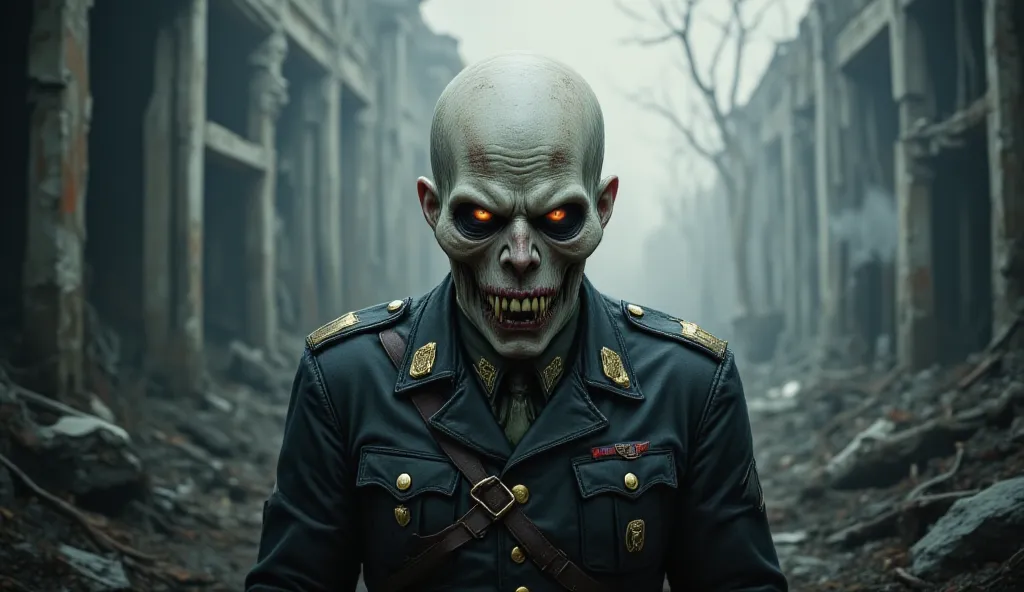 vampire ghoul in a German uniform from the Second World War. highly detailed photograph simulating Kodak 120 PORTRA film, shot with a Canon EOS R5 at F 2.8.