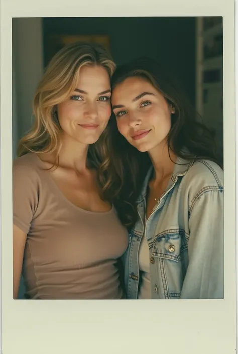 Rosamund pike, casual clothes, nice smile, with younger girlfriend, brunette, looking to phone, polaroid, amatour photo, 90's style, looking to camera