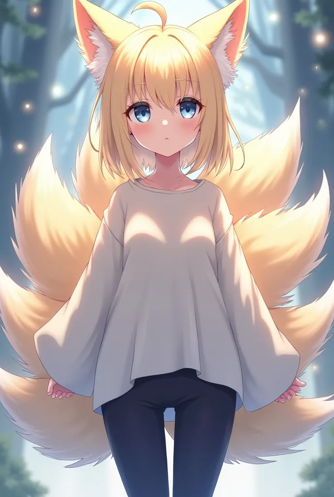 Anime , a gender fluid female, age about 13, pixie hair cut light blonde, dark blue eye, dress in a large long sleeve tshirts and legging  , kitsune, kitsune ears , kitsune tails 
