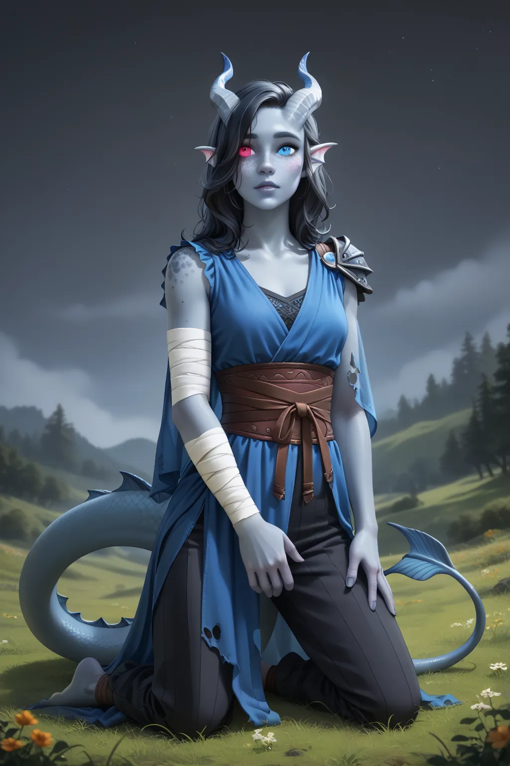 (Cedar tree is tall next to it), (1 adult Tiefling girl,  dark blue-gray skin :1.7), (35 years old:1.5), (One:1.3), (a curl of medium-length black straight hair covers the right eye:1.5), (is kneeling, wrapping the tail in front:1.4), ( heterochromia: righ...