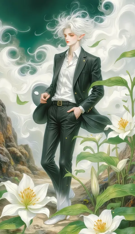 Walking in the Wind, portrait of a human figure walking in a windy landscape, calm expression , relaxed pose , Realistic details, Wind Effects , cloudy sky , soft tones, oil painting, high resolution, Detalles exquisitos, Photorealistic, and_neg1