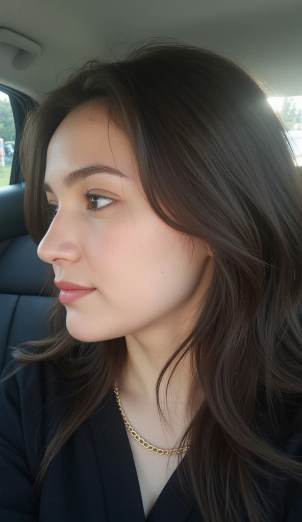  A medium-close self-portrait of a young European woman from the Balkans sitting in the back seat of a car.  She looks to the side with a thoughtful air ,  slightly pursed expression ,  her lips shining and subtly accentuating her features . its length, Wa...