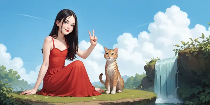 a age girl sitting next to a cat,  long red dress , V-neck, straight black hair,  Very long hair, freckles, detailed ribs,  flat breasted,  Medium and pointed breasts, full body, small bare feet, red lips, eyeliner,  smile, waterfall, clouds,  blue sky