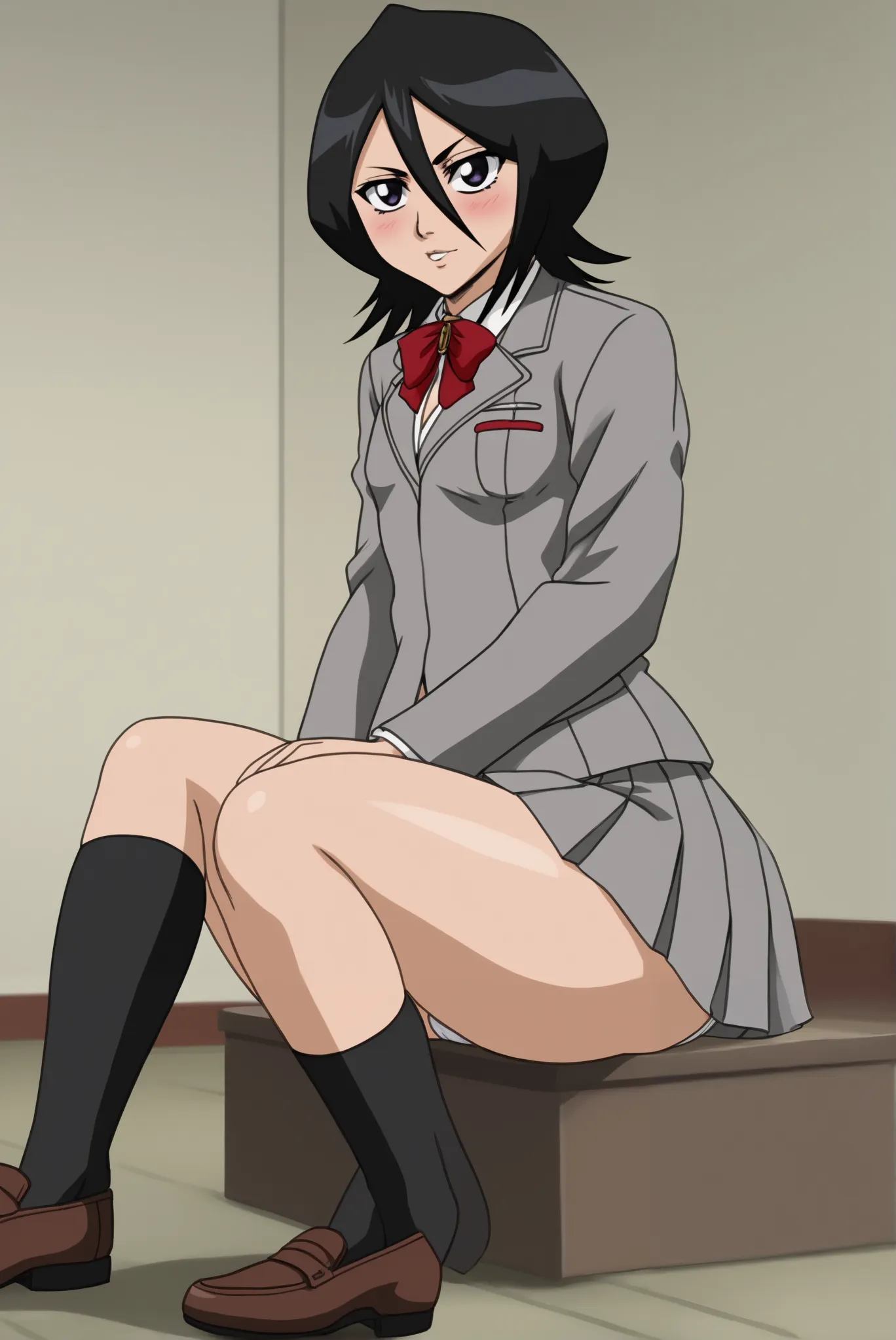 Rukia Kuchiki, Rukia bleach, detailed, high quality, 1girl, solo, short, indoors background, close-up, blushing, looking at viewer, full body, small breasts, plump lips, big ass, large bubblebutt, creamy thighs, thick thighs, grey school uniform, grey box ...