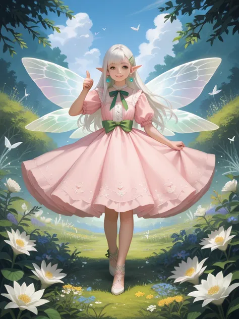 An elf fairy with white long hair stands full length and cheerfully shows the viewer her thumbs up. She is wearing a long pink dress with green ribbons, on sharp ears crystal earrings, pearls with hair clips. There are white dragonfly wings on her back. Ag...