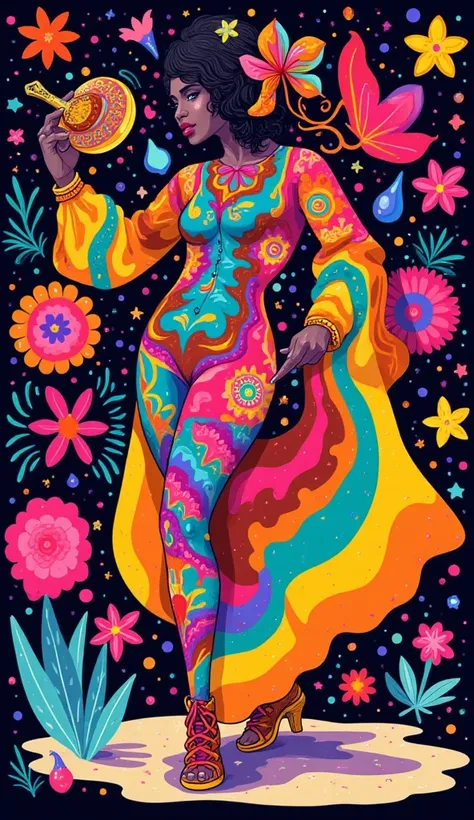 Create a vibrant piece of art inspired by the nightclub of the 70s with a female figure standing gracefully. The piece must embody a groovy and psychedelic aesthetic, with hallucinatory, hypnotic patterns that evoke a sense of euphoria. Incorporate abstrac...