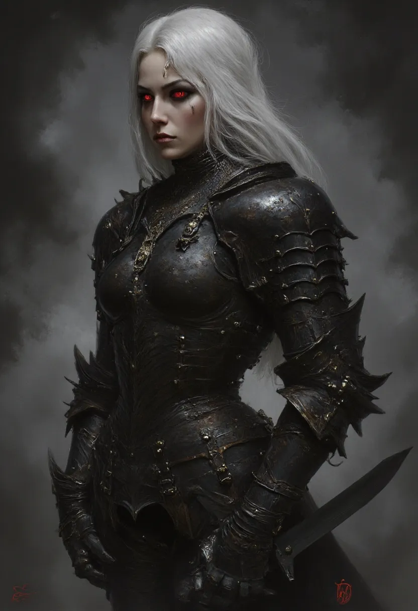 Strong woman, angry seriuos face, white hair, wearing black heavy armor, closed armor, red eyes, detailed face, deepwoken