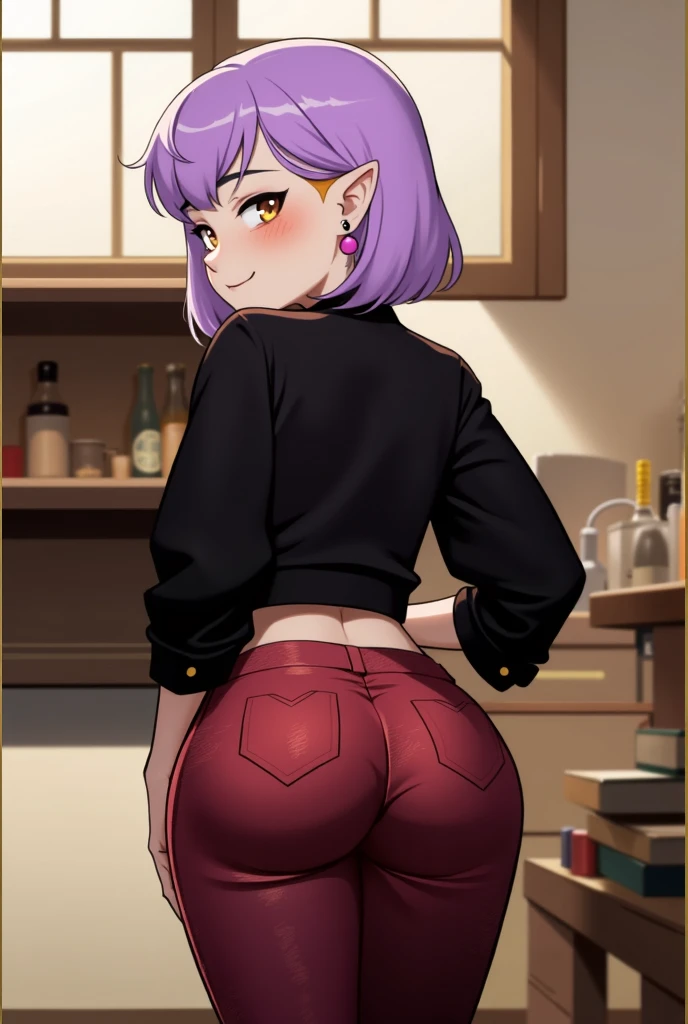 AmityBlight, makeup, black earrings, yellow eyes, short hair, (purple hair:1.4), pointed ears, black shirt, long sleeves, loose-fitting shirt, amulet, (red pants:1.5)