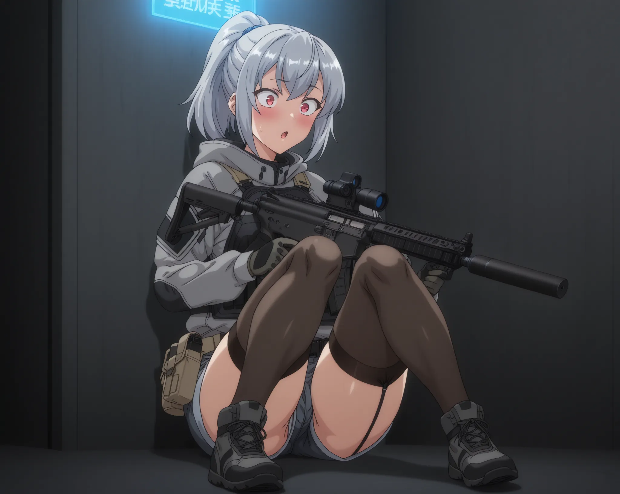 A tactical anime-style adult female soldier wearing tactical gear with a fleshy, glamorous figure。 with short silver hair tied in a ponytail with a navy hair band 、 red eyes。She has a surprised expression and her face is very blushing。equipped with black t...