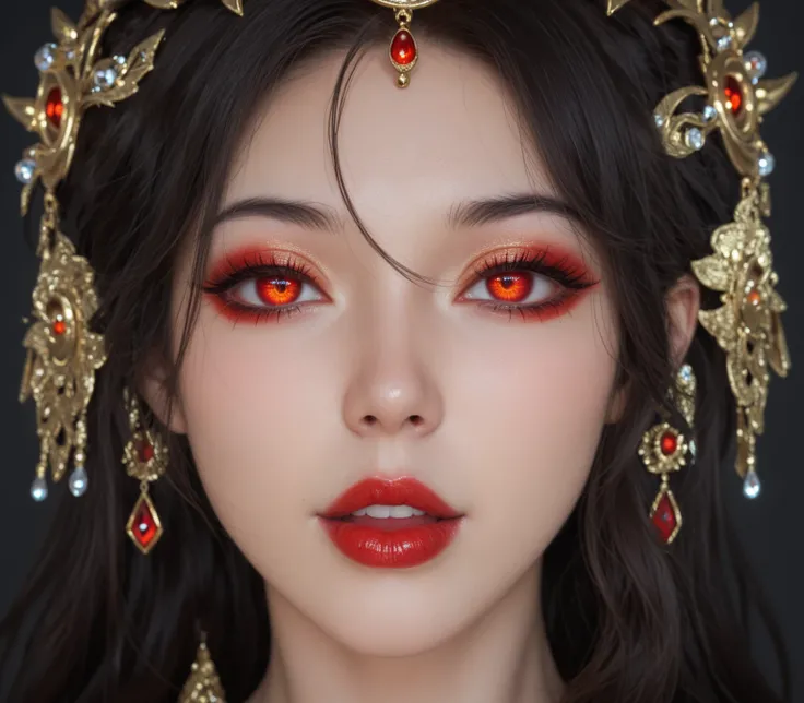 a close up of a woman with a red eye and a gold headpiece, popular south korean makeup, red contact lenses, intense watery glowing red eyes, popular korean makeup, luminous red eyes, glowing red eyes, red fiery watery eyes, with glowing red eyes, sexy face...