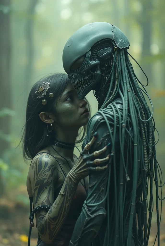 there is a woman and a woman with a creepy mask, a picture inspired by Guillermo del Toro, trending on cgsociety, pop surrealism, beeple and jeremiah ketner, brandon woelfel, movie still of the alien girl, still from a fantasy movie, hyper realistic fantas...