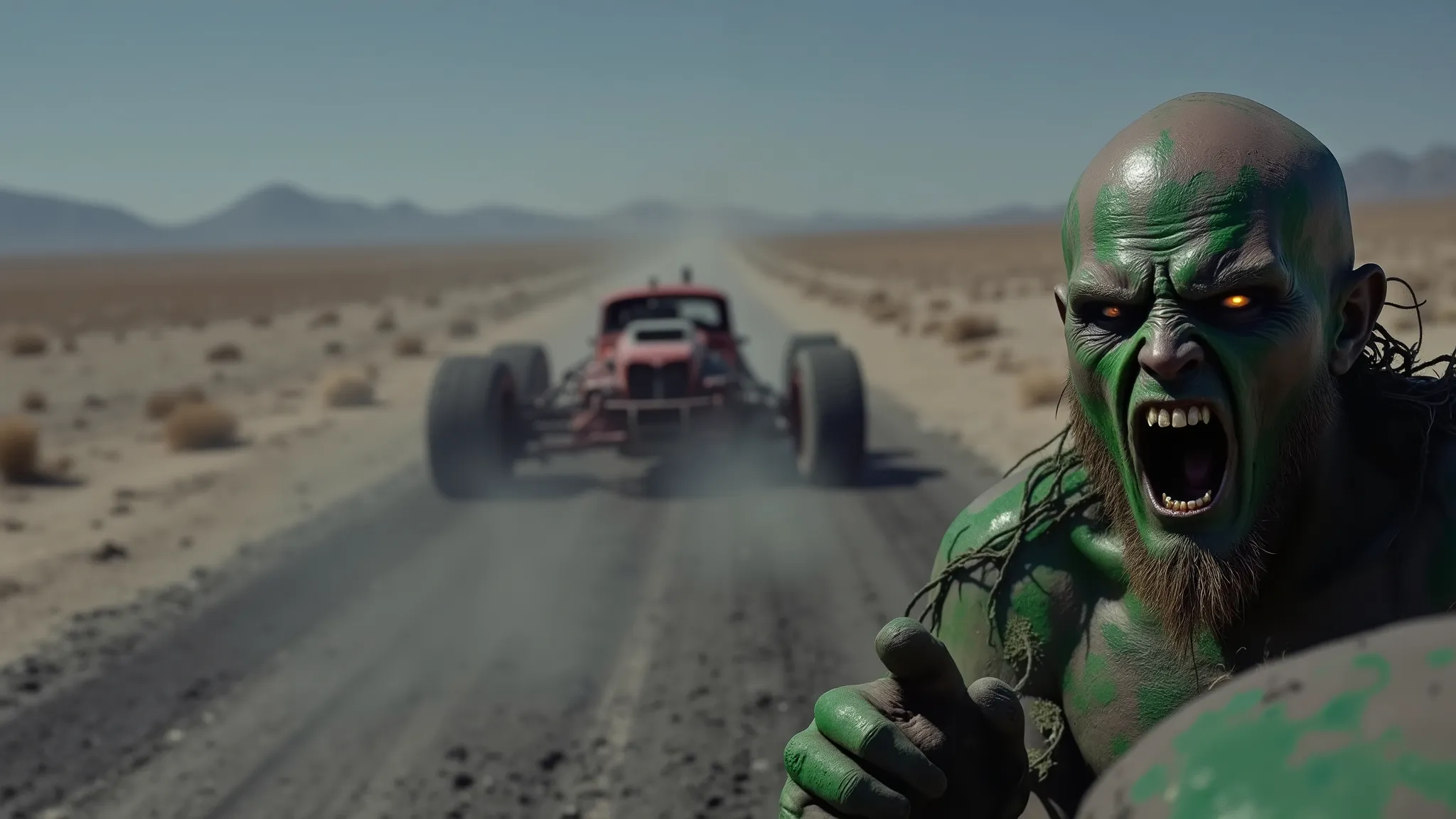 madmax style, Brutal man with extreme anger painted green driving on dirt and barren bathed in hot sun