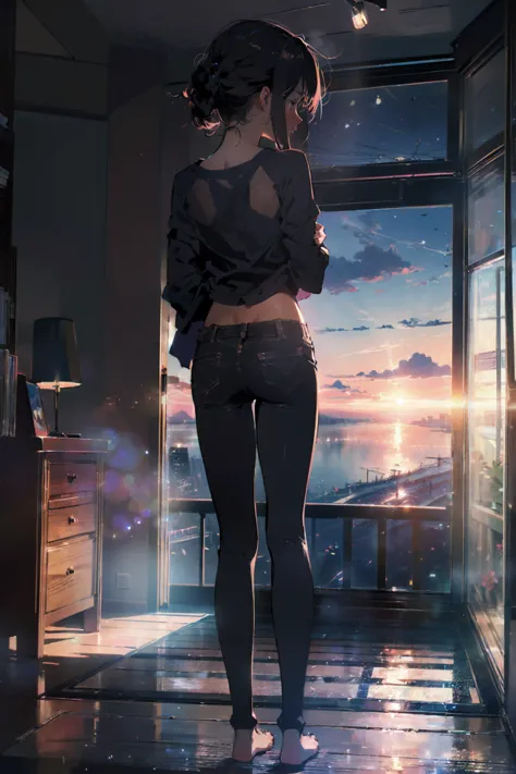 masutepiece, High quality, girl, Big clothes, Underwear with a small area, Comfortable clothing, Night, Sunset, A small room with a panoramic view of the starry sky, You can see the beautiful night view....,Distracting and messing with something,Thrust you...