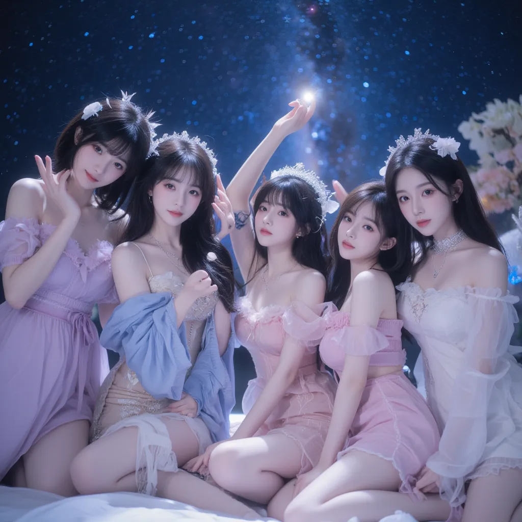 K-pop music video concept photos, celestial, dreamy, gorgeous, majestic, pretty, far away view, on a star , each member looks one of a kind, majestic, all members have black hair, 5 girl kpop girl group of 5 girls, each girl looks different, all of them ha...