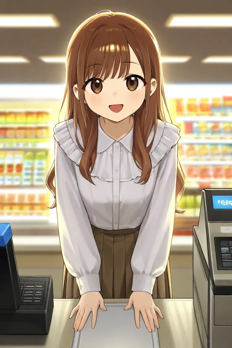 Lawson store clerk, 1girl ,NSFW,Service, bacutter, undressing,NSFW, soft atmosphere,Pretty Girl,cash register counter,looking at me