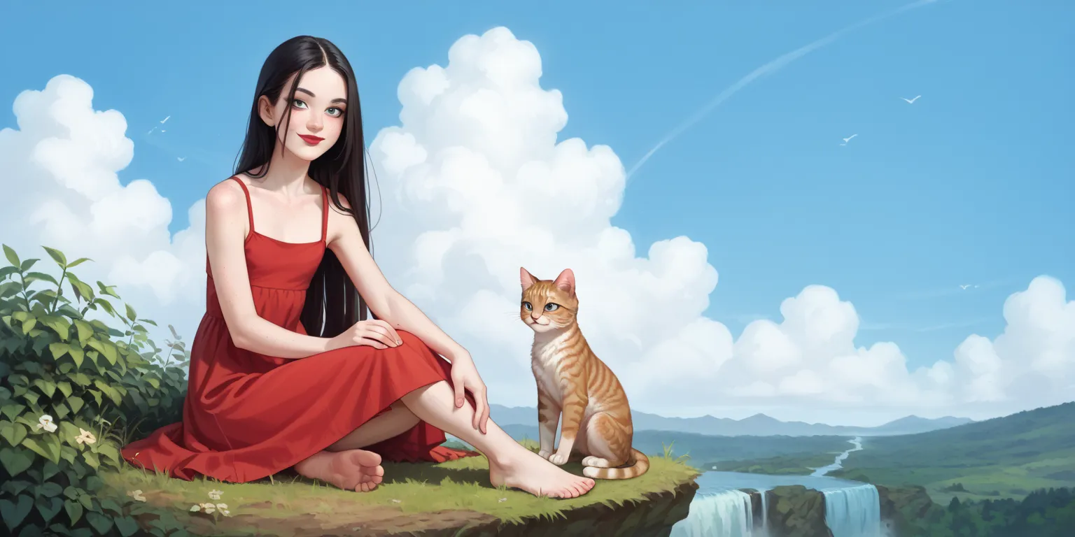 a age girl sitting next to a cat,  long red dress , V-neck, straight black hair,  Very long hair, freckles, detailed ribs,  flat breasted,  Medium and pointed breasts, full body, small bare feet, red lips, eyeliner,  smile, waterfall, clouds,  blue sky