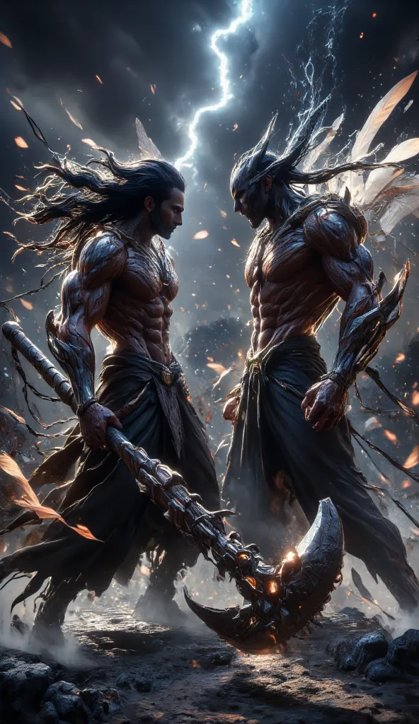 Two powerful Polynesian warriors, their bodies sculpted with muscle and strength, stand poised for an epic duel on a dramatic battlefield. On one side, a towering warrior with dark, sun-kissed skin, his long black hair flowing in the wind, grips a massive,...