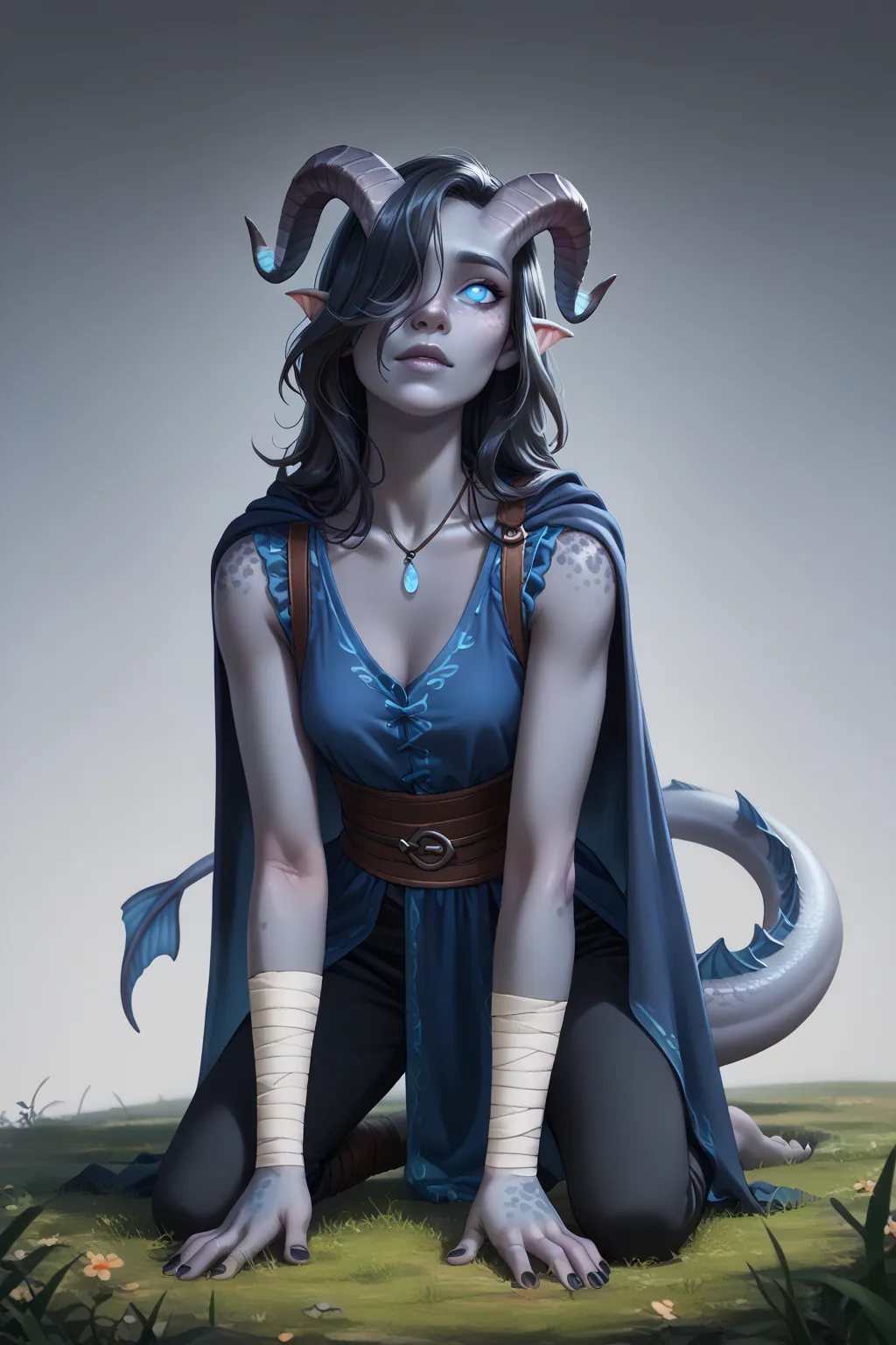 (Cedar tree is tall next to it), (1 adult Tiefling girl,  dark blue-gray skin :1.7), (35 years old:1.5), (One:1.3), (a curl of medium-length black straight hair covers the right eye:1.5), (kneels leaning slightly to the left with his right arm extended for...