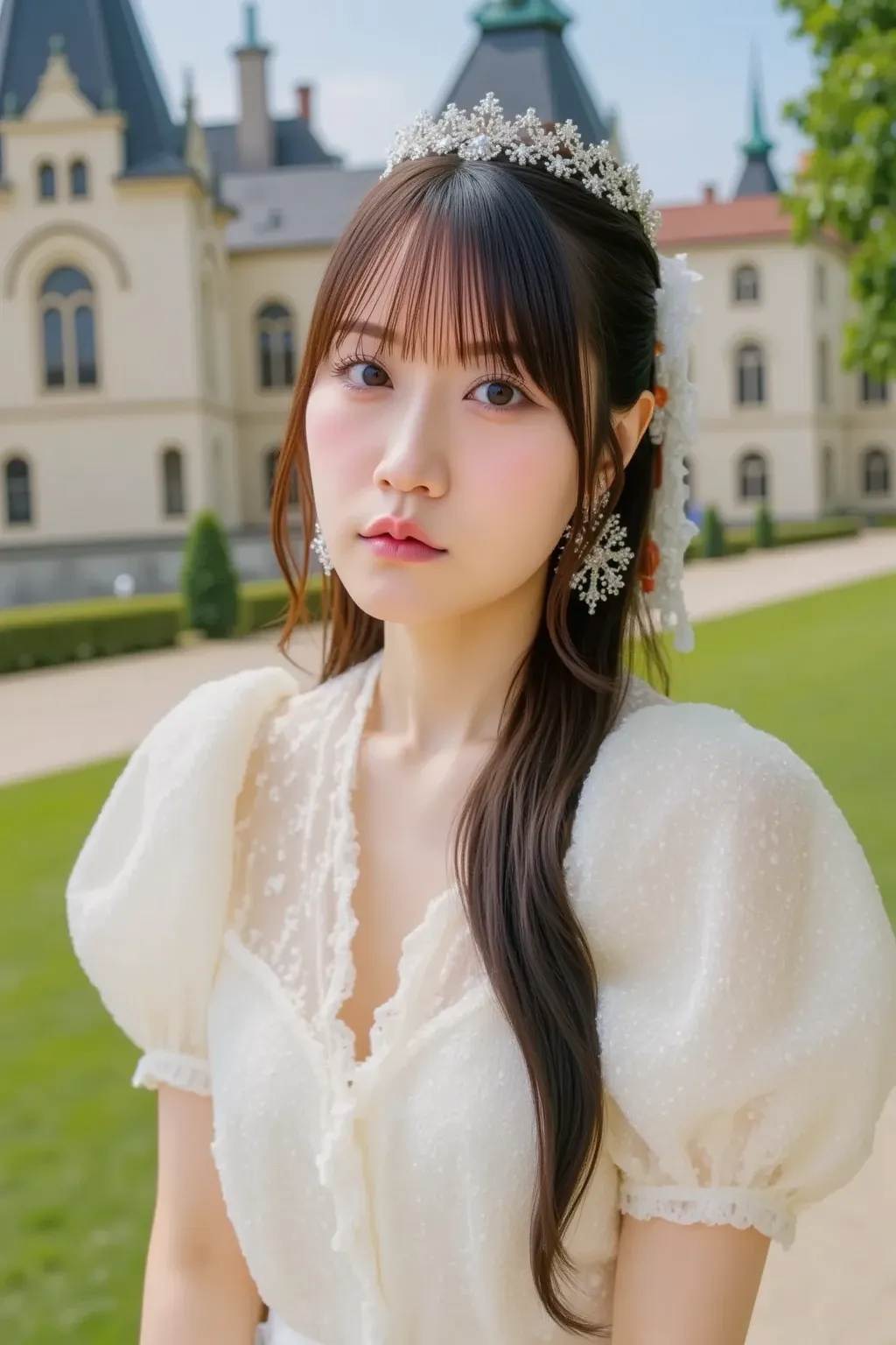 "A portrait of a Japanese woman dressed in an elegant gown with a sparkling tiara on her head, resembling a princess. She is standing in front of a majestic European castle with intricate architecture, surrounded by lush gardens. The sunlight casts a soft ...