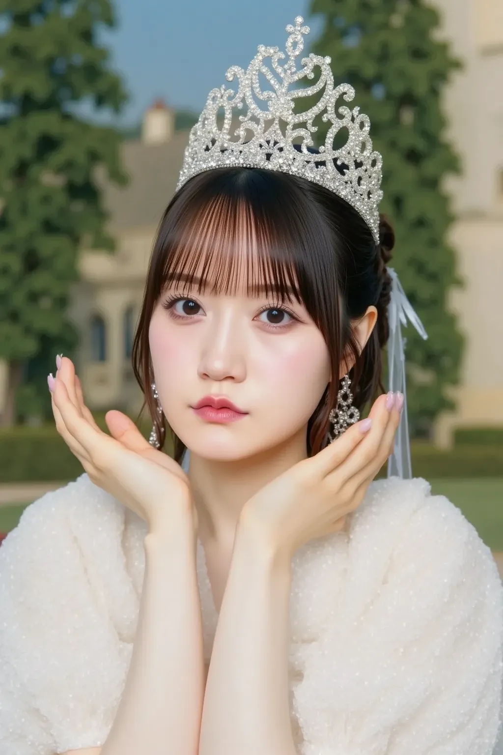 "A portrait of a Japanese woman dressed in an elegant gown with a sparkling tiara on her head, resembling a princess. She is standing in front of a majestic European castle with intricate architecture, surrounded by lush gardens. The sunlight casts a soft ...