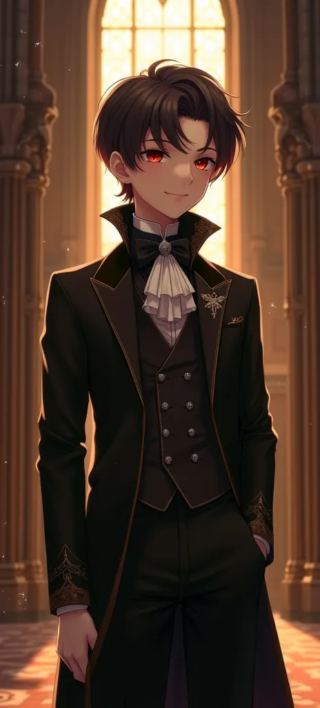 A young aristocratic boy with an elegant and mysterious aura, standing in a grand, gothic-style hall illuminated by golden light filtering through tall stained-glass windows. He has short, slightly tousled dark brown hair, with soft bangs delicately framin...