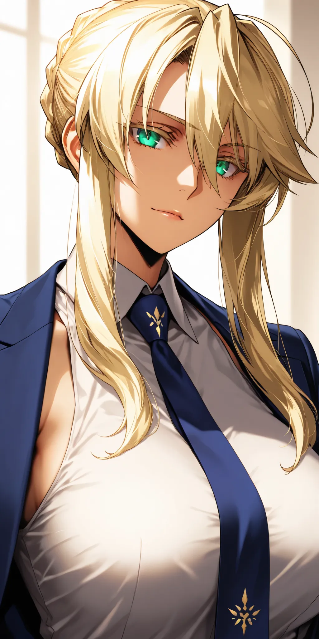 Masterpiece, very aesthetic, vibrant, high contrast, high resolution, ultra detailed, elegant mature woman, milf, artoria pendragon (lancer) (fate), curvaceous, upper body, tie, sleeveless collared shirt, jacket, soft light, best quality, ishida akira cg s...