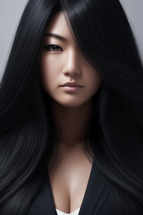 jet black hair,most very long hair,most very lion hair,most very wolf hair,most very frizzy hair,coarse hair,most very spread hairstyle,thick hair,fluffy hair,most very heavy weight hair,hair covering left eye,heavy looking hairstyle,most very voluminous h...