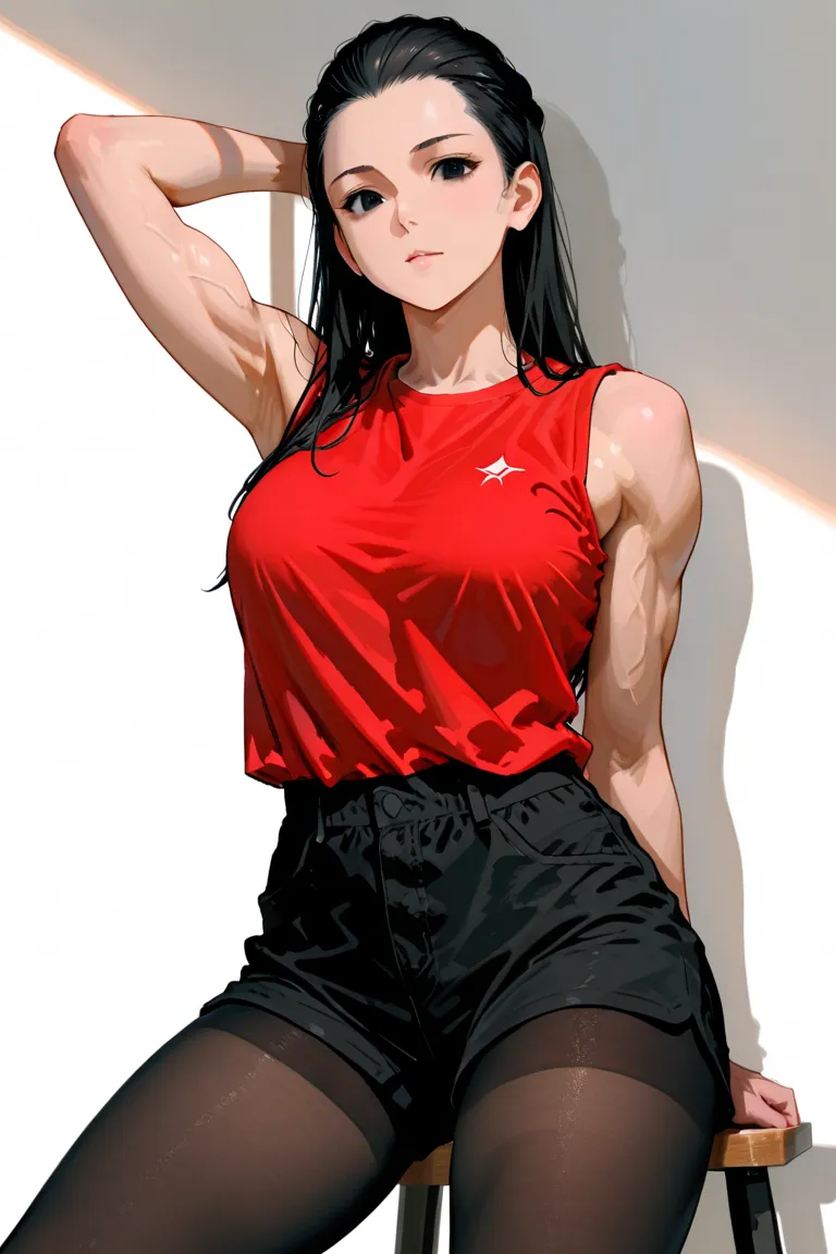 woman. black hair pulled back tightly. black eyes. face without emotions. average build. no muscles. red sleeveless T-shirt without details. very short wide oversized black short. wide hips. transparent tights. Belyts background lez details.