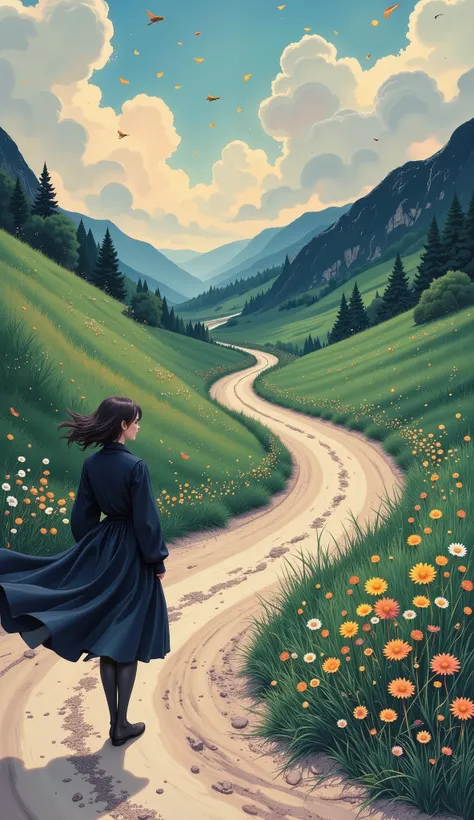 kawaii anime style , Walking in the Wind, portrait of a human figure walking in a windy landscape leaves of trees flying dandelion seeds, cloudy sky , walking along a dirt road, dust rises in the wind, el hombre va contra el viento como handiendo fuerza ...