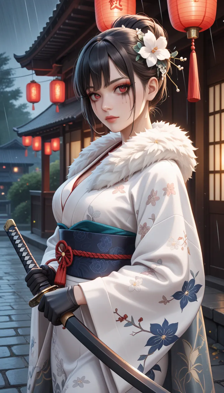 (masterpiece, best quality, ultra-detailed, 8k, highres), 
1girl, young woman, black hair in an elegant updo, floral hair ornament, white flower accessory, 
sharp bangs, intense red eyes, pale skin, 
wearing a luxurious white kimono with subtle floral patt...