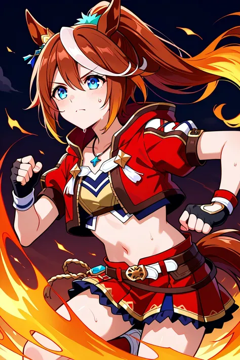 Tokaihorizon, horse tail, long hair, high ponytail, animal ears, ear ornament, red jacket, cropped jacket, hooded jacket, open jacket, puffy short sleeves, black gloves, fingerless gloves, red skirt, miniskirt, belt, necklace, midriff, navel、Running with a...