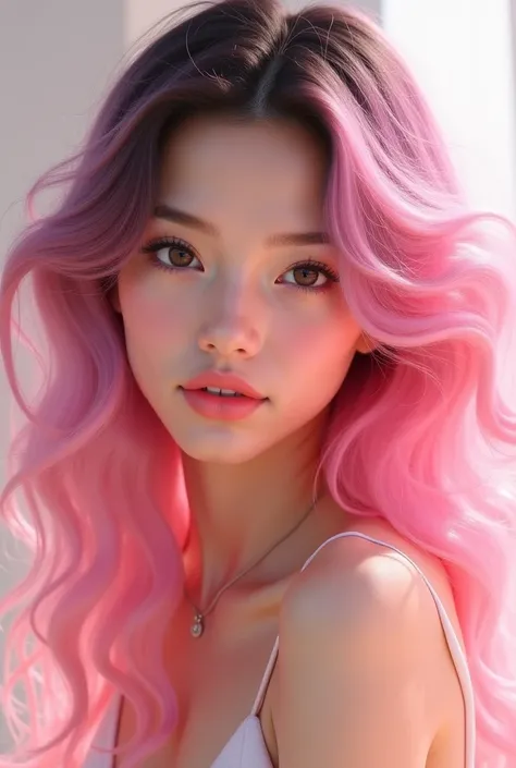 Create a 22-year-old woman whose skin tone is brunette and whose hair is wavy in pink and white 